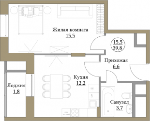 Однокомнатная квартира 39.8 м²
