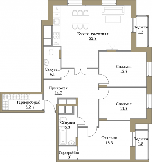 Четырёхкомнатная квартира 108.1 м²