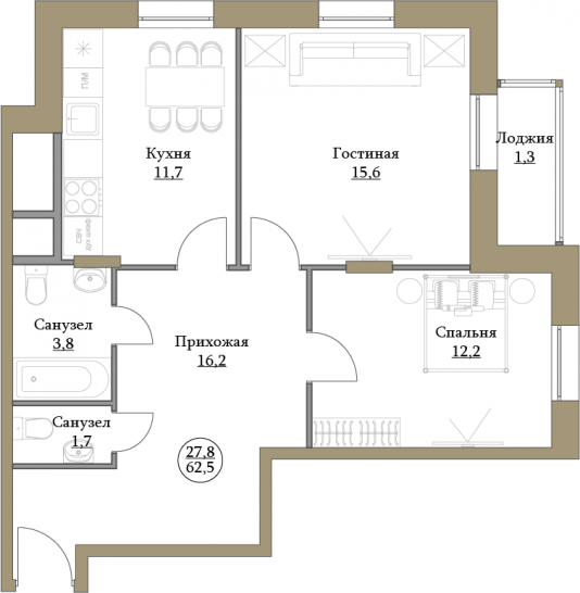 Двухкомнатная квартира 62.5 м²