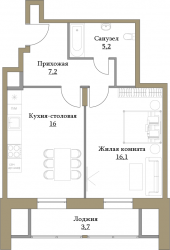 Однокомнатная квартира 48.2 м²